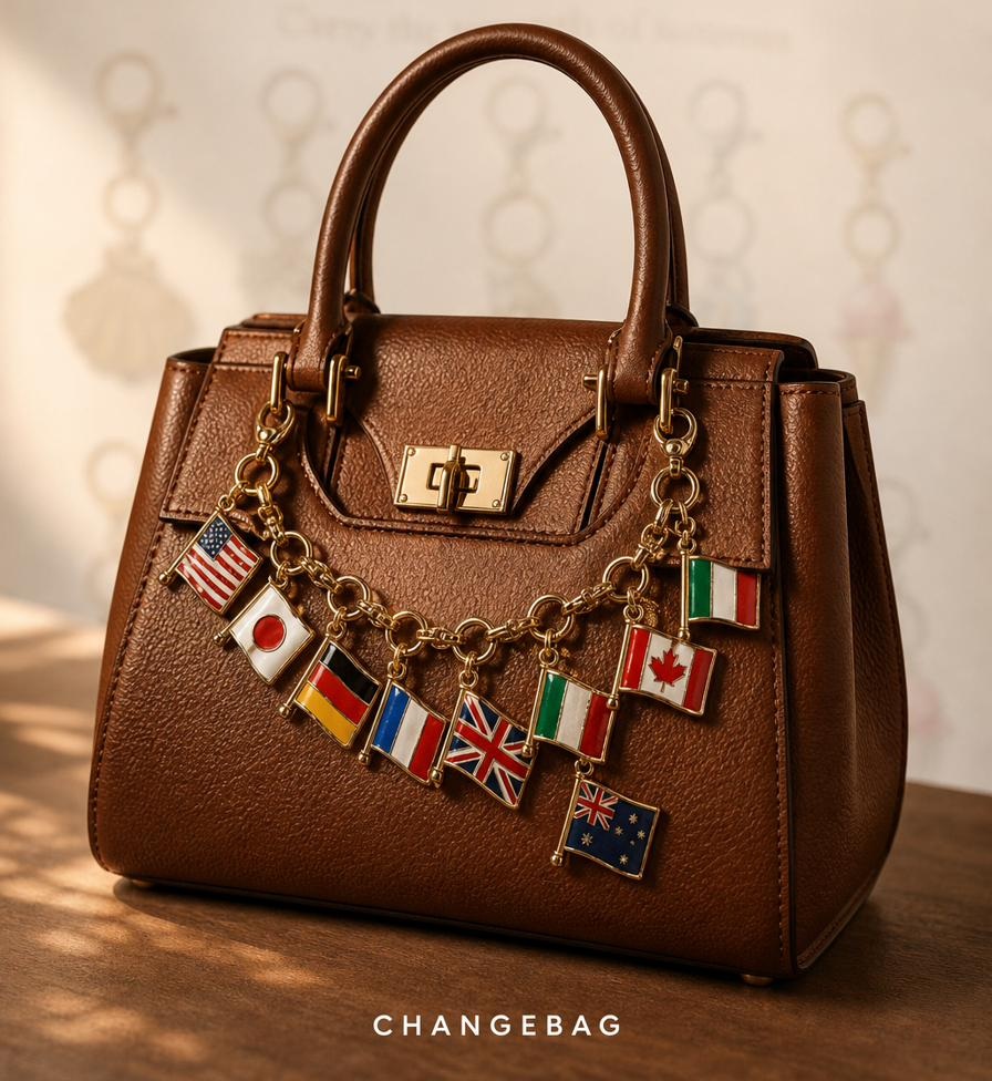 Braune ChangeBag Handtasche mit goldener Kette aus Länder-Charms